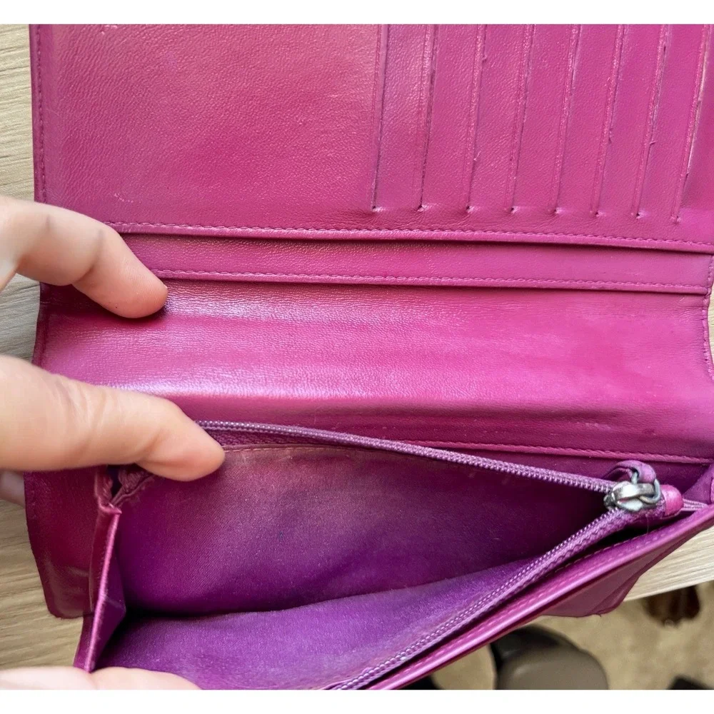 Authentic Chanel Camellia Bifold Long Wallet Lambskin Leather Pink/Red